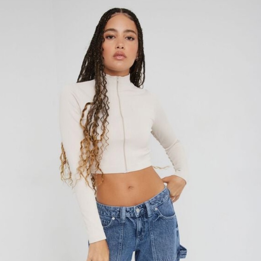 Long Sleeve Zip-Up Top- Pebble Grey